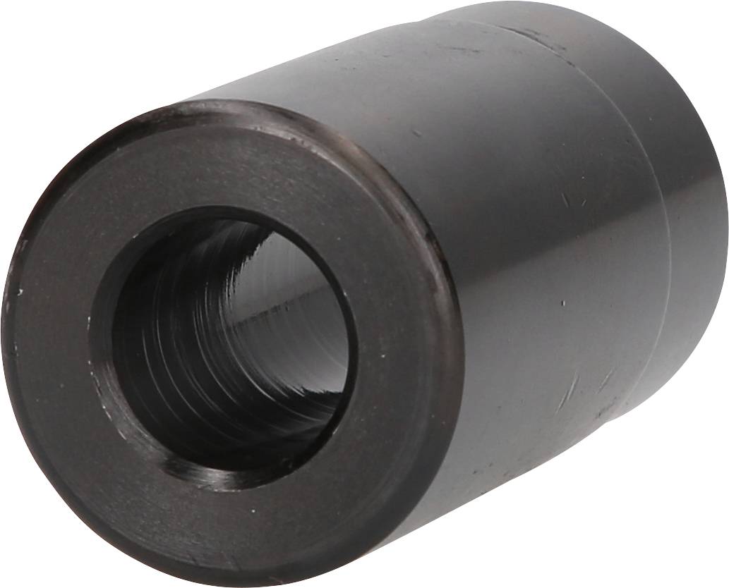 Ein schwarzer, zylindrischer Metalladapter mit Innengewinde, möglicherweise ein mechanisches Bauteil.
