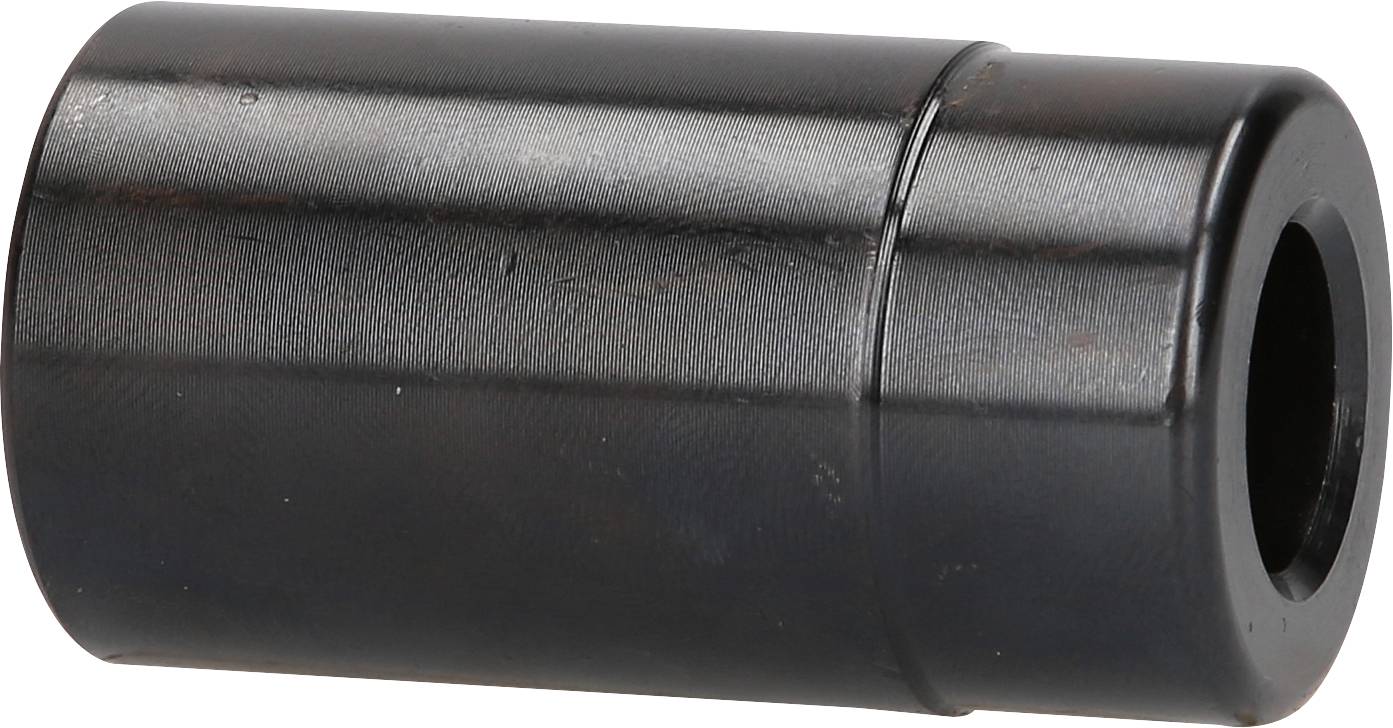 Ein schwarzer, zylindrischer Metalladapter, glatt und poliert, wahrscheinlich ein Teil eines technischen oder mechanischen Geräts.