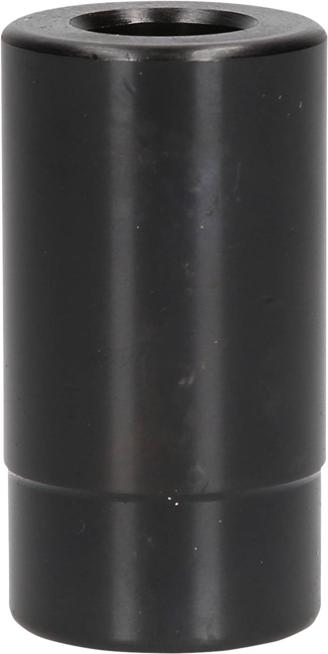 Zylindrisches schwarzes Bauteil aus Metall, vermutlich eine Buchse oder ein Adapter, vor einem neutralen Hintergrund.
