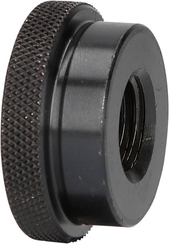 Ein schwarzes, zylindrisches Metallteil mit geriffeltem Rand und einem zentralen Gewinde, möglicherweise Teil einer mechanischen Vorrichtung.