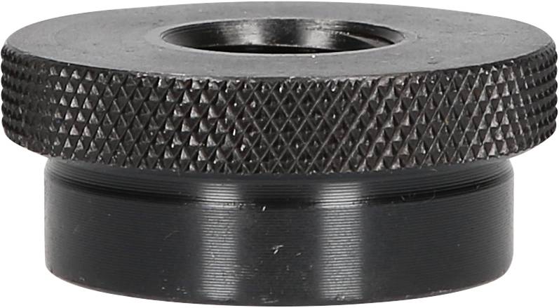Ein schwarz-metallisches Gewinde-Bauteil mit gezahnter Oberfläche und zentralem Loch, vermutlich ein Verbindungselement.