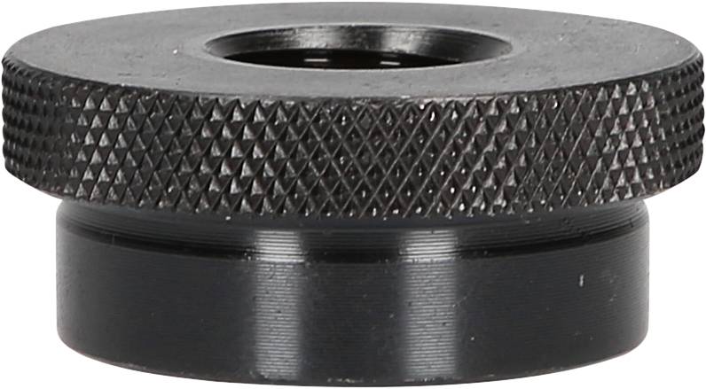 Schwarzes, zylinderförmiges Metallteil mit gemusterter Oberfläche, möglicherweise ein mechanisches Bauteil oder Adapter.