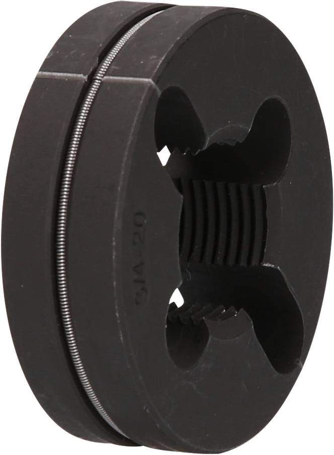 Rundes schwarzes Metallteil mit Innengewinde und vier äußeren Aussparungen, vermutlich ein Gewindeschneidewerkzeug oder Matrize.
