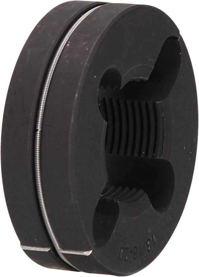 Rundes, schwarzes Metallteil mit Gewinde innen und Rillen außen. Könnte Teil eines größeren mechanischen Systems sein.