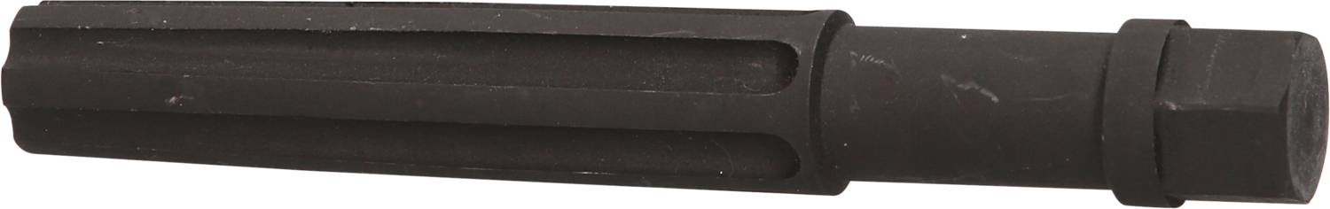 Ein schwarzer, zylindrischer Metallstift mit geriffelten Seiten, möglicherweise ein Werkzeugteil oder Maschinenkomponente.