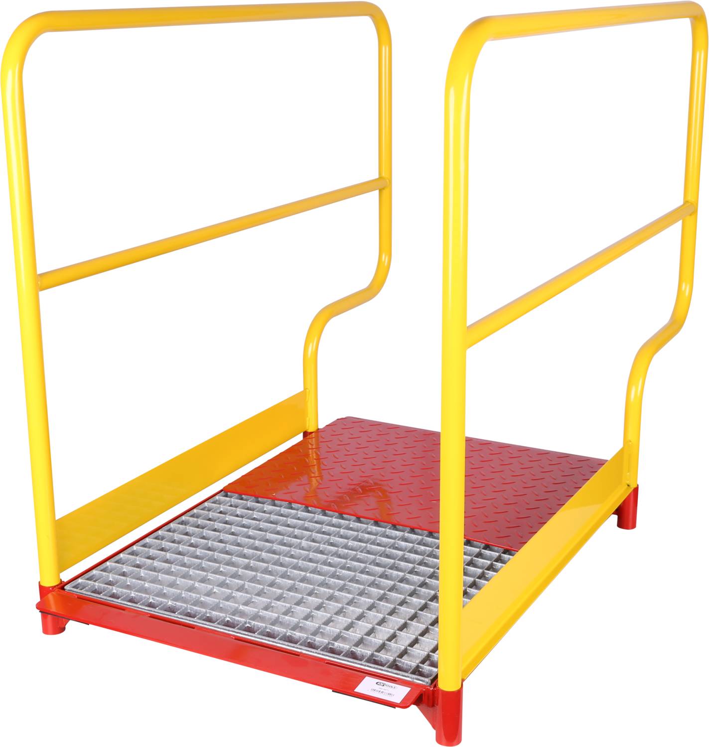 Gelbes Sicherheitsgeländer mit rotem und silbernem Boden. Sicherheitsplattform oder -gangway.