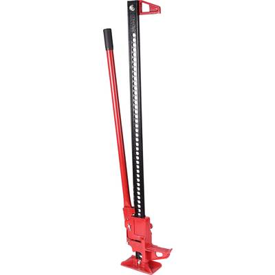Roter Wagenheber mit langer Hebestange und mehreren Einstellpunkten für vielseitige Hebeanwendungen. Geeignet für Off-Road-Fahrzeuge.