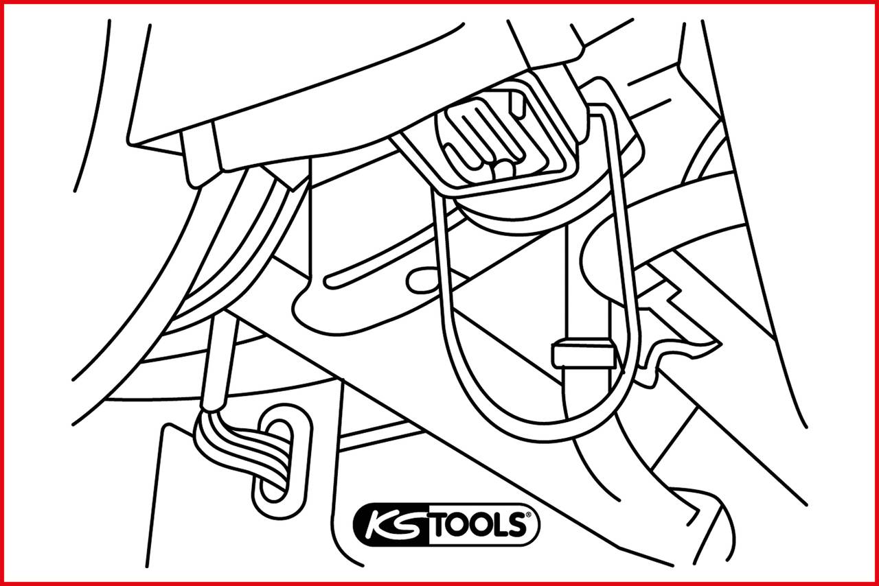 Linienzeichnung eines Werkzeugs, das an einer Schraube unter einem Fahrzeug angebracht ist. Logo 'KS Tools' unten mittig.