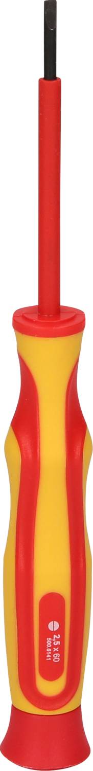 Ein roter und gelber Schraubendreher mit ergonomischem Griff und flacher Klinge, ideal für handwerkliche Arbeiten.