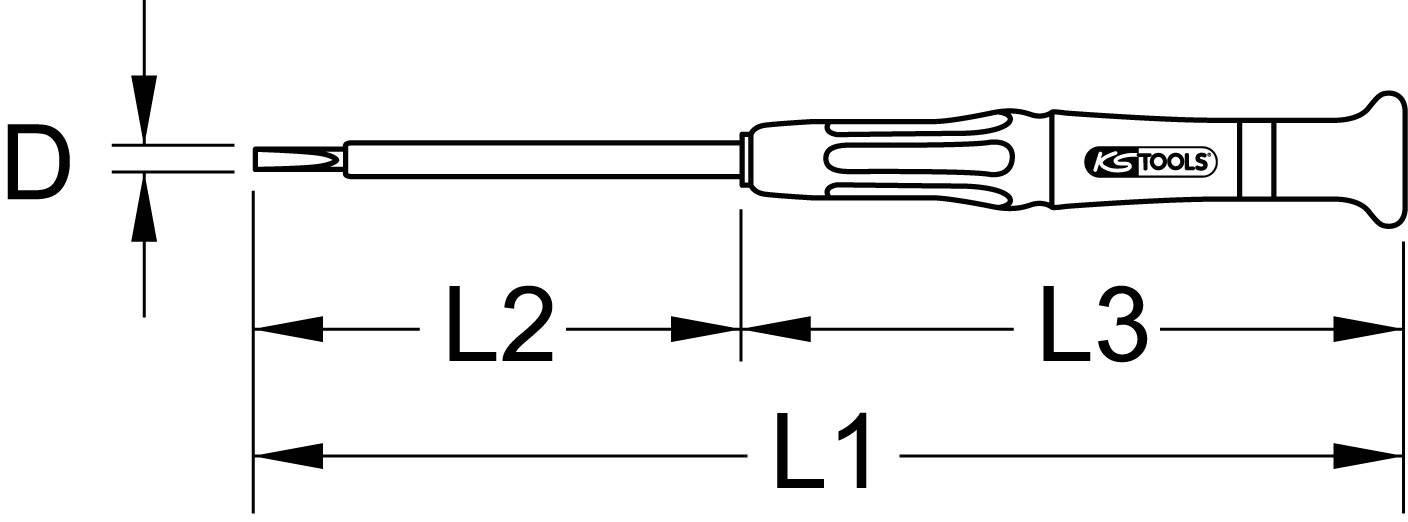 Technische Zeichnung eines Schraubendrehers mit Bezeichnungen der Maße: Durchmesser 'D', Längen 'L1', 'L2' und 'L3'.