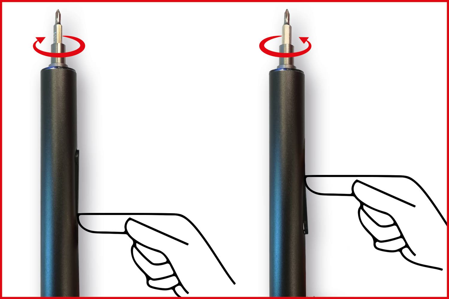 'Anleitung zur Bedienung eines Stifts: Step 1 - Drehen Sie den oberen Teil des Stifts, um die Spitze auszufahren. Step 2 - Drücken Sie den Clip, um die Spitze wieder einziehen.'