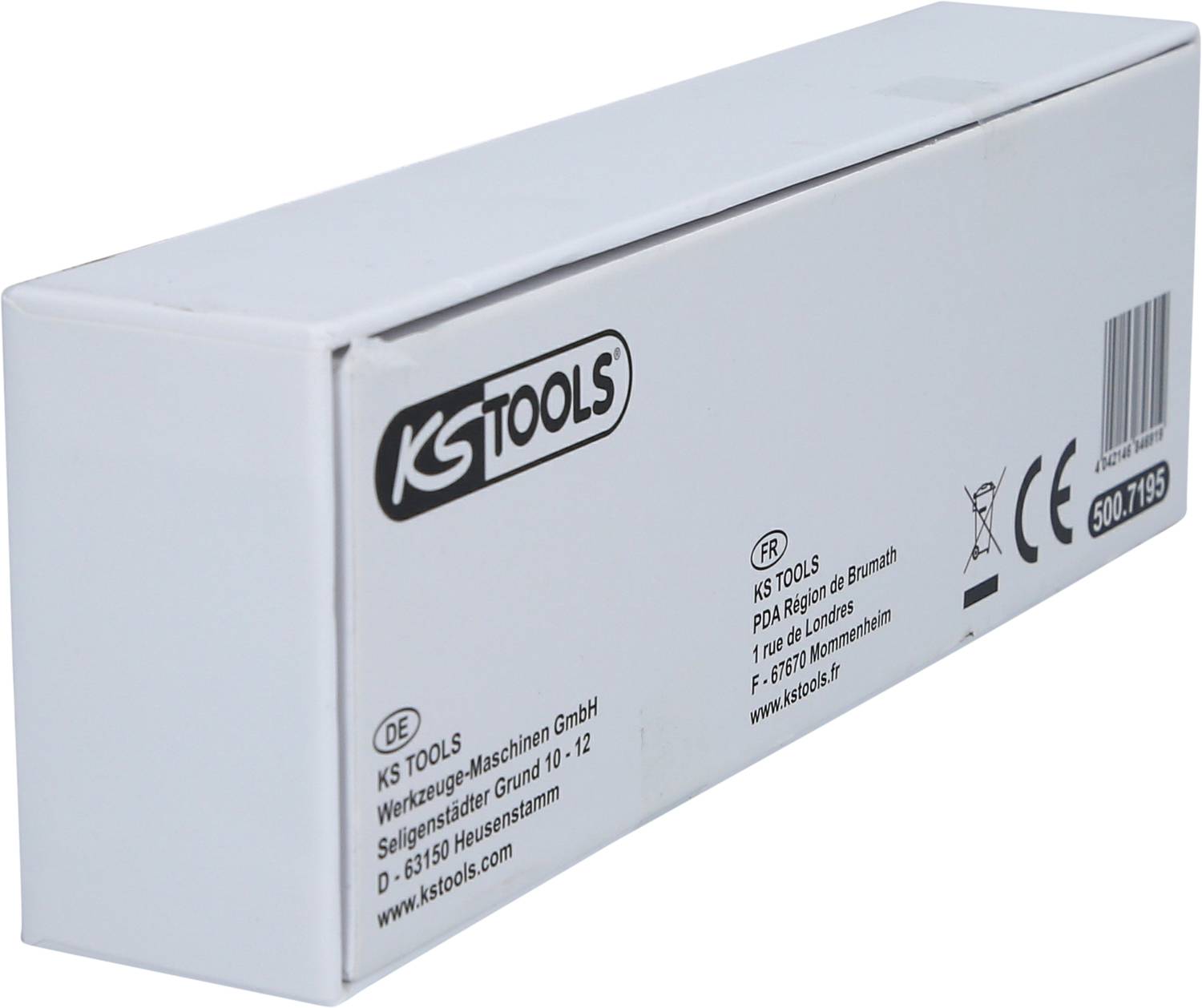 Eine weiße Produktverpackung der Marke KS Tools mit Logos und Textinformationen, darunter Adresse und Website, auf der rechten Seite.