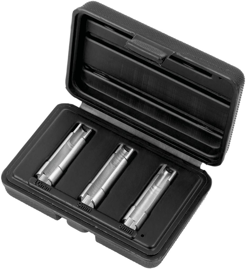 Ein schwarzes Etui mit drei silbernen zylindrischen Metallteilen unterschiedlicher Größe, von 10 mm bis 14 mm, in separaten Fächern.