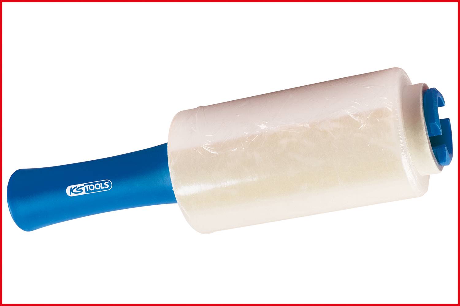 Handroller mit blauer Griff und transparenter Folie, verwendet zum Verpacken und Schützen von Gegenständen vor Staub und Schmutz.