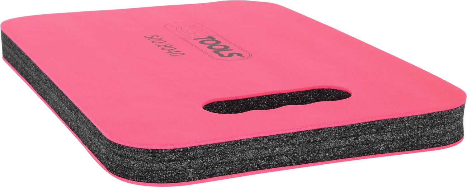 Ein rosa Kniematte mit schwarzer Polsterung und Griffloch, geeignet für Gartenarbeit oder Heimwerkerarbeiten, für Komfort bei knienden Tätigkeiten.