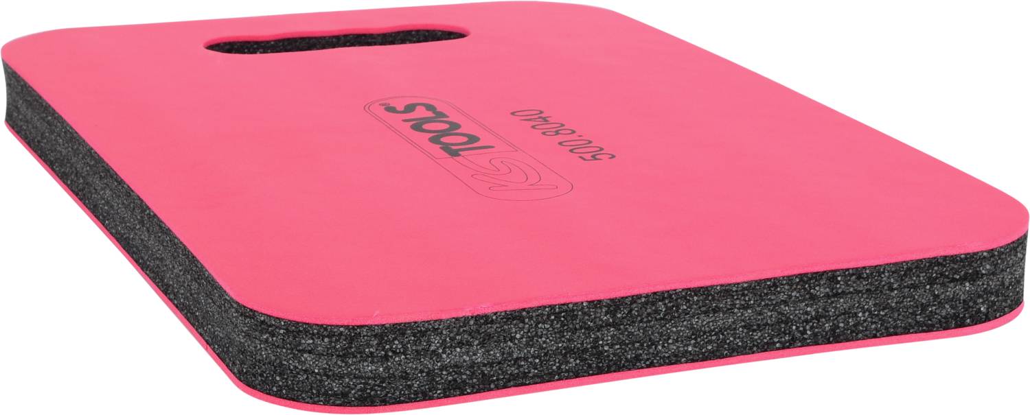 Rosa Kniekissen mit schwarzer Schaumstoffschicht und Grifföffnung, geeignet für Gartenarbeit oder Heimwerkerarbeiten.