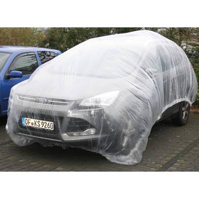 Ein Auto unter einer Plastikabdeckung auf einem Parkplatz, um vor Wetterbedingungen geschützt zu sein. Ein blaues Auto steht daneben.