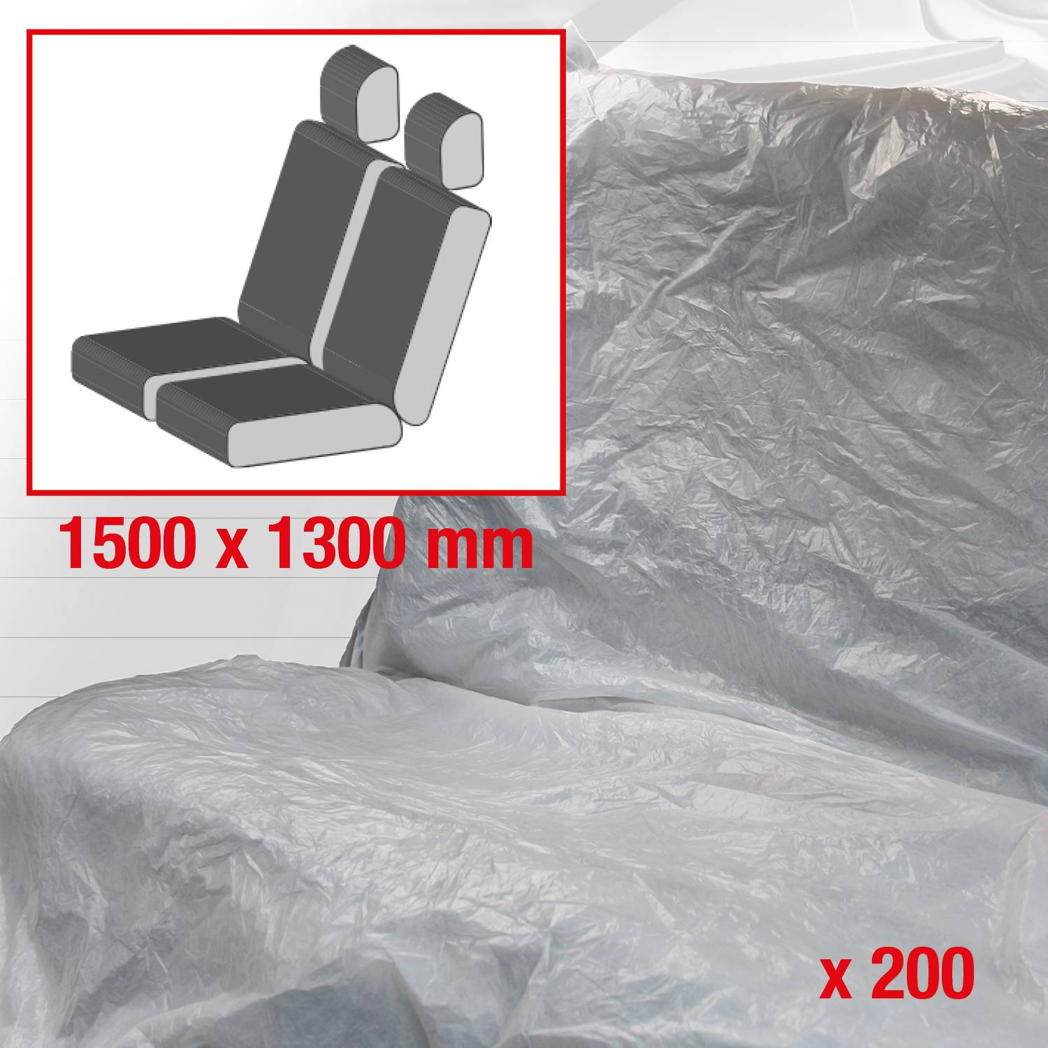 'Abdeckung 1500 x 1300 mm' für Autositz, graue Schutzfolie in einem Auto verwendet, Hinweis auf Verpackungsgröße 'x 200'.