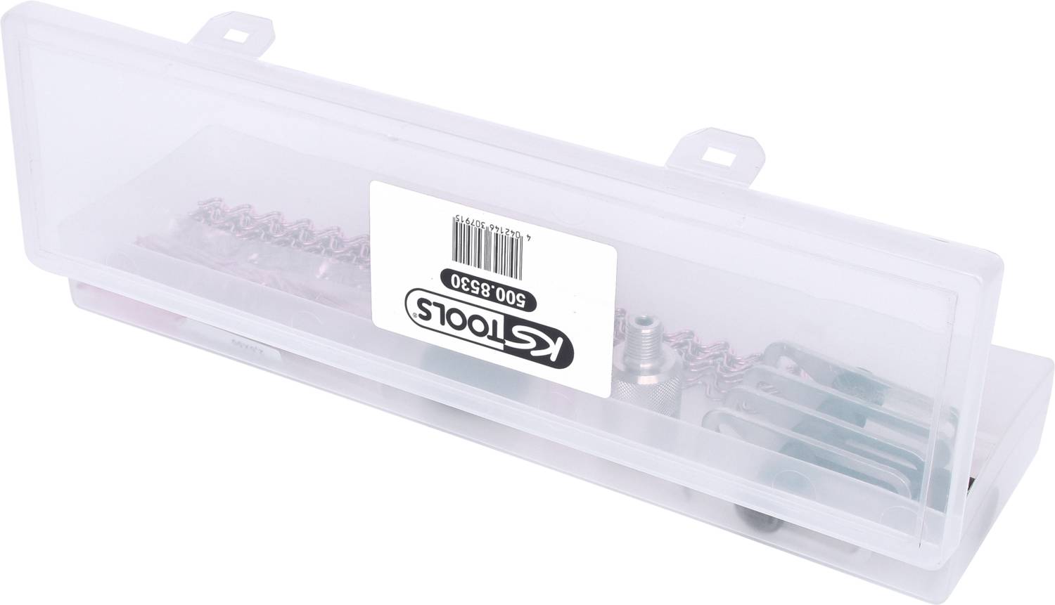 Eine transparente Kunststoffbox enthält ein Set von KS Tools, sichtbar sind Bohrer und Zubehör. Auf der Box ist ein Etikett mit Details.