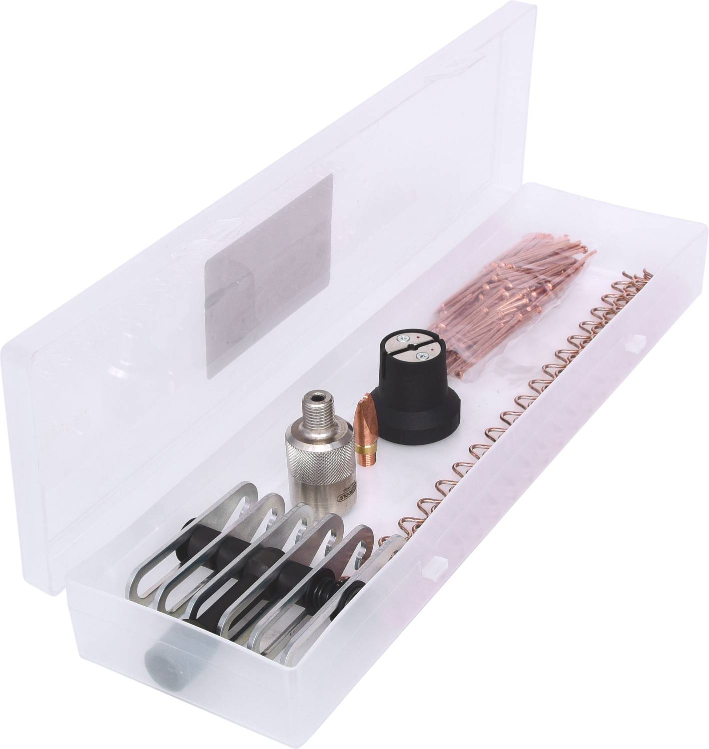 Transparente Box mit Metallfeder, Aufsätzen und Kupferdrähten. Mechanisches Zubehörsortiment.