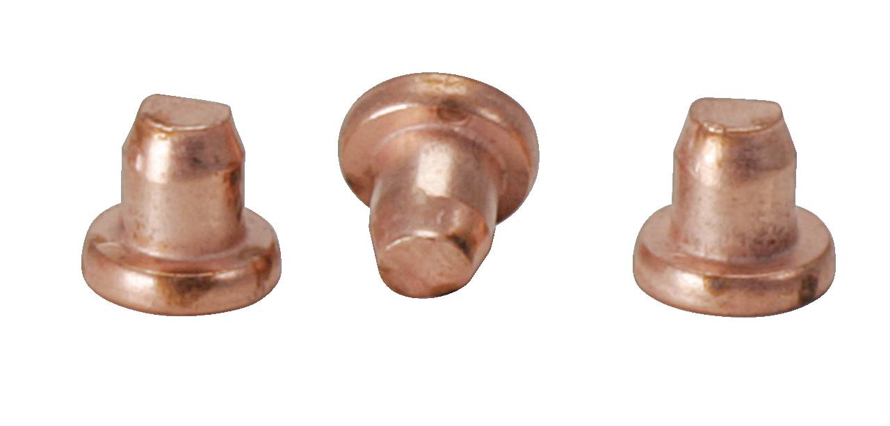 Drei kupferfarbene Bolzen mit runden Köpfen und flachen Basen, nebeneinander angeordnet.
