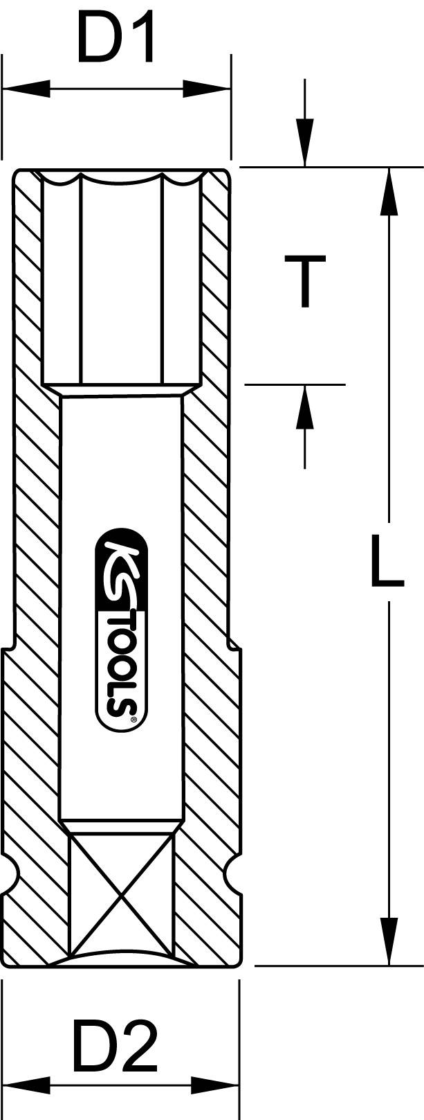 Schematische Zeichnung eines Steckschlüssels von 'KS Tools' mit Längen- (L), Breiten- (D1, D2) und Tiefenangaben (T).