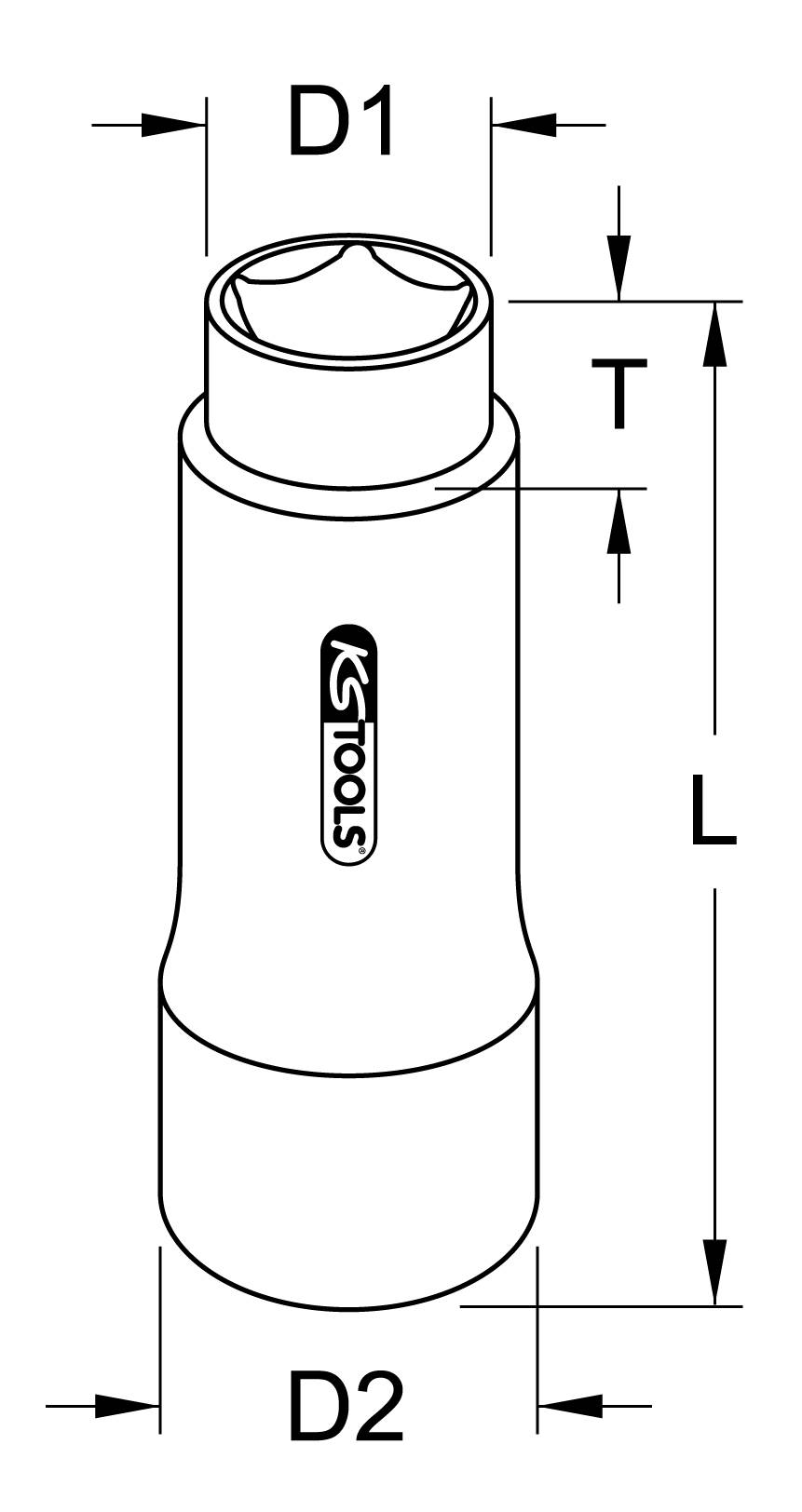 'Technische Zeichnung eines zylindrischen Werkzeugs. Beschriftet: D1, D2, T, L. KS Tools-Logo zentriert.'