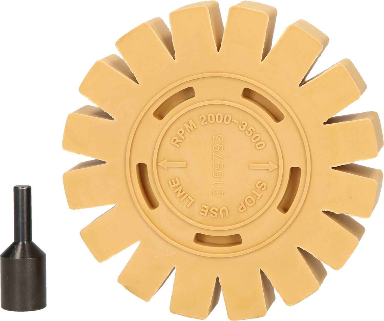 Gummirad zur Entfernung von Aufklebern mit eingeschnittenen Lamellen, inklusive Adapter, Aufschrift 'RPM 2000-3500'.