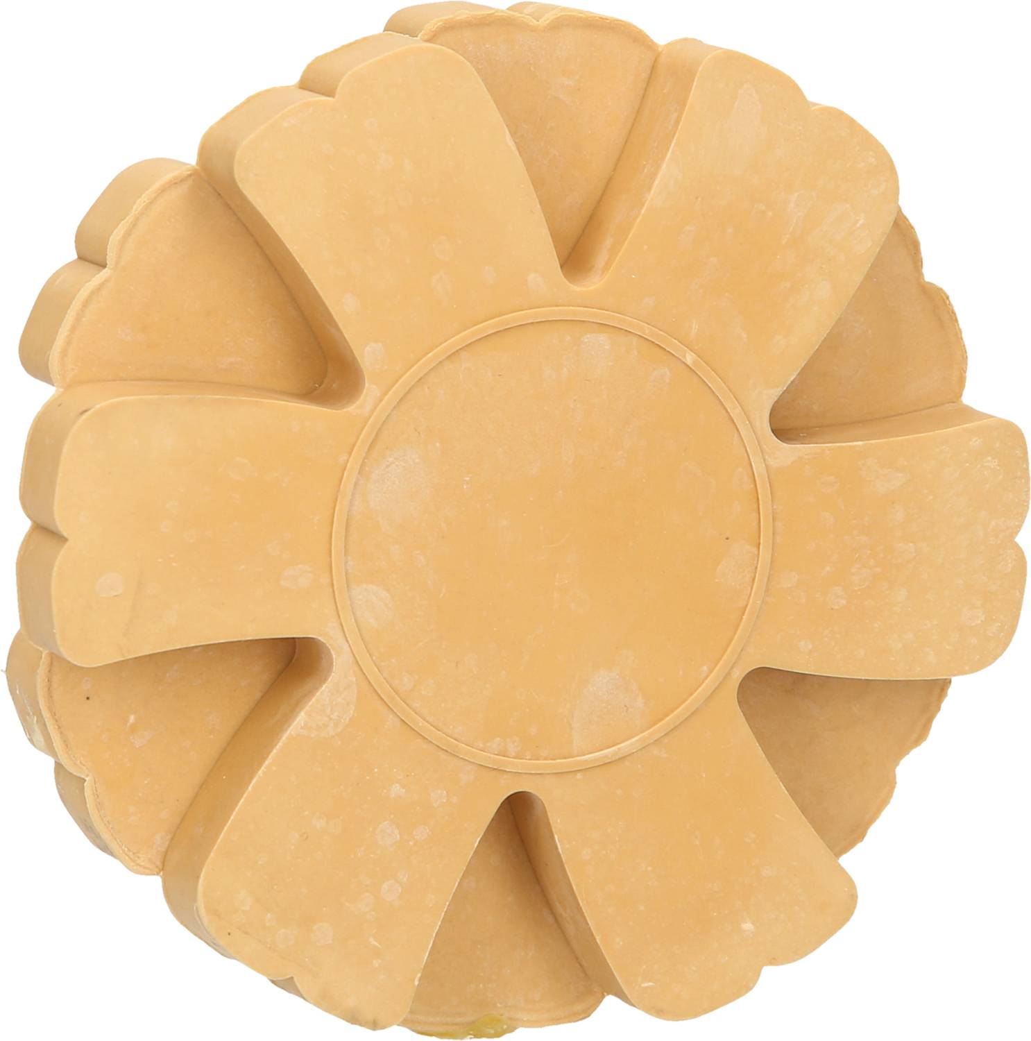 Ein runder, beige Schleifaufsatz mit mehreren radialen Schlitzen, die wie Blütenblätter angeordnet sind, vor weißem Hintergrund.