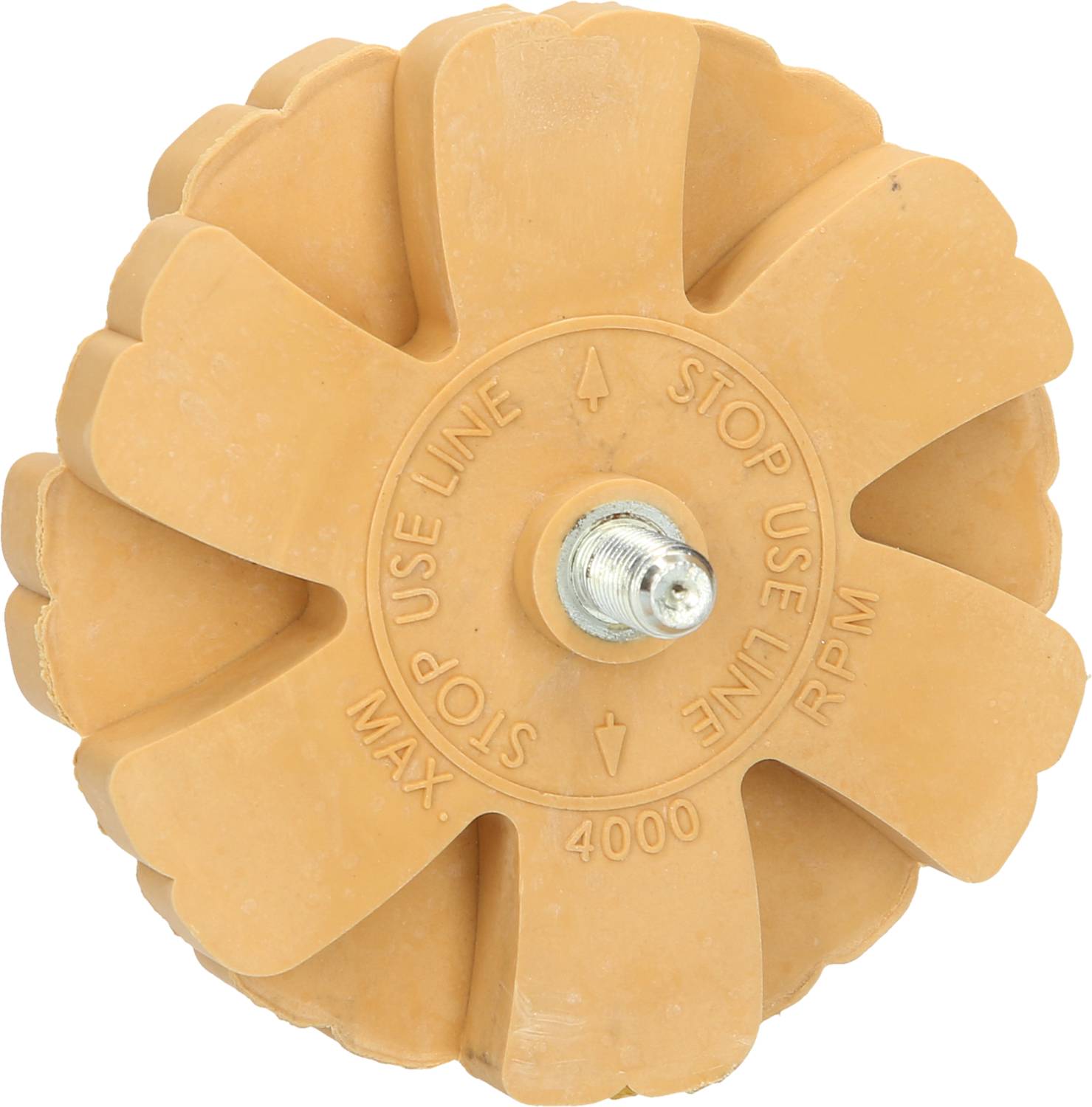 Ein runder, gelber Radiergummi mit mehreren abgerundeten Lamellen, einem Metallbolzen in der Mitte und der Aufschrift 'MAX 4000 RPM'.