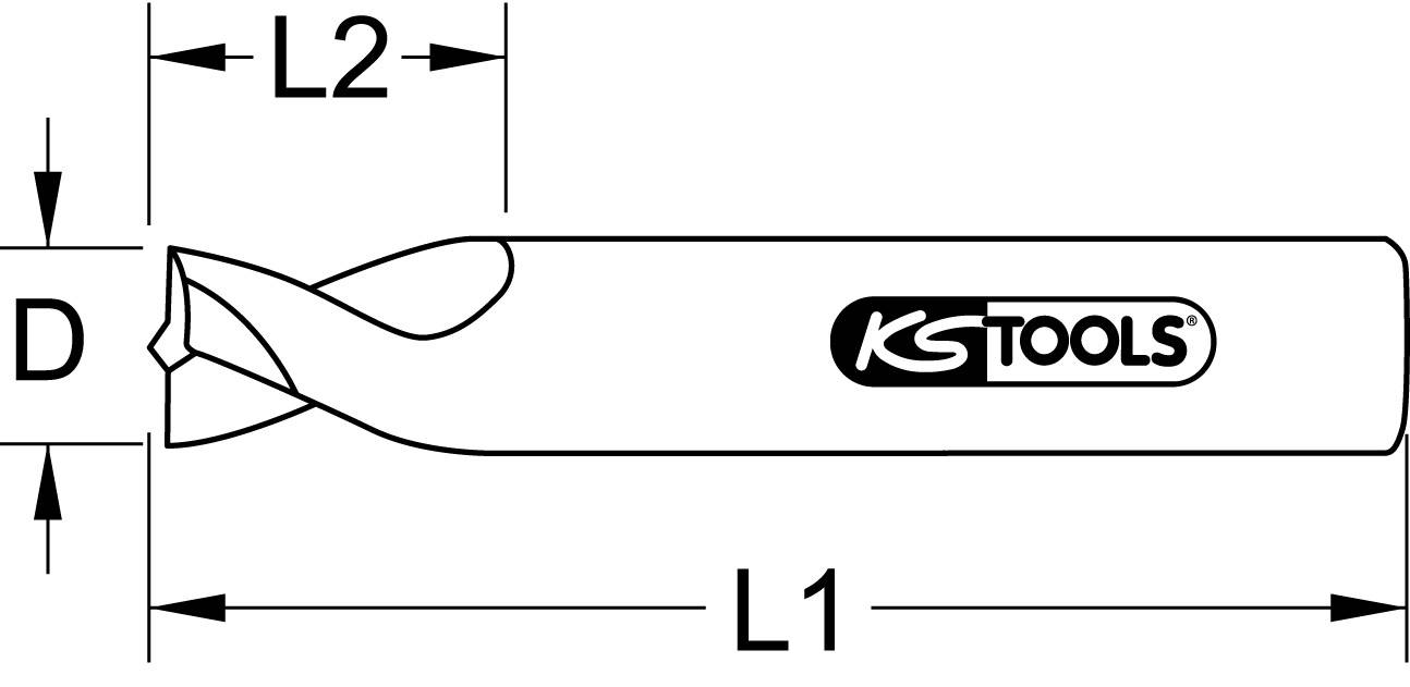 Bohrer mit Maße D, L2 und L1 abgebildet. Aufschrift 'KS TOOLS', zeigt die Form und Abmessungen eines Werkzeugs.