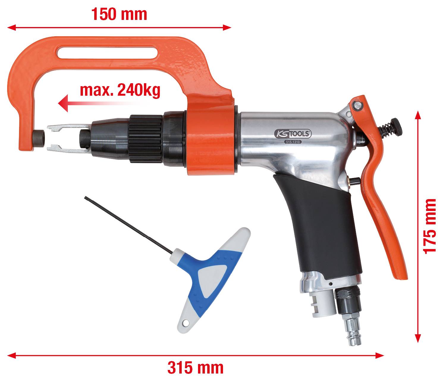 Druckluft-Nietzange mit ergonomischem Griff, max. Kraft 240 kg. Maße: 150 mm Breite, 175 mm Höhe, 315 mm Länge. Enthält Schlüssel.