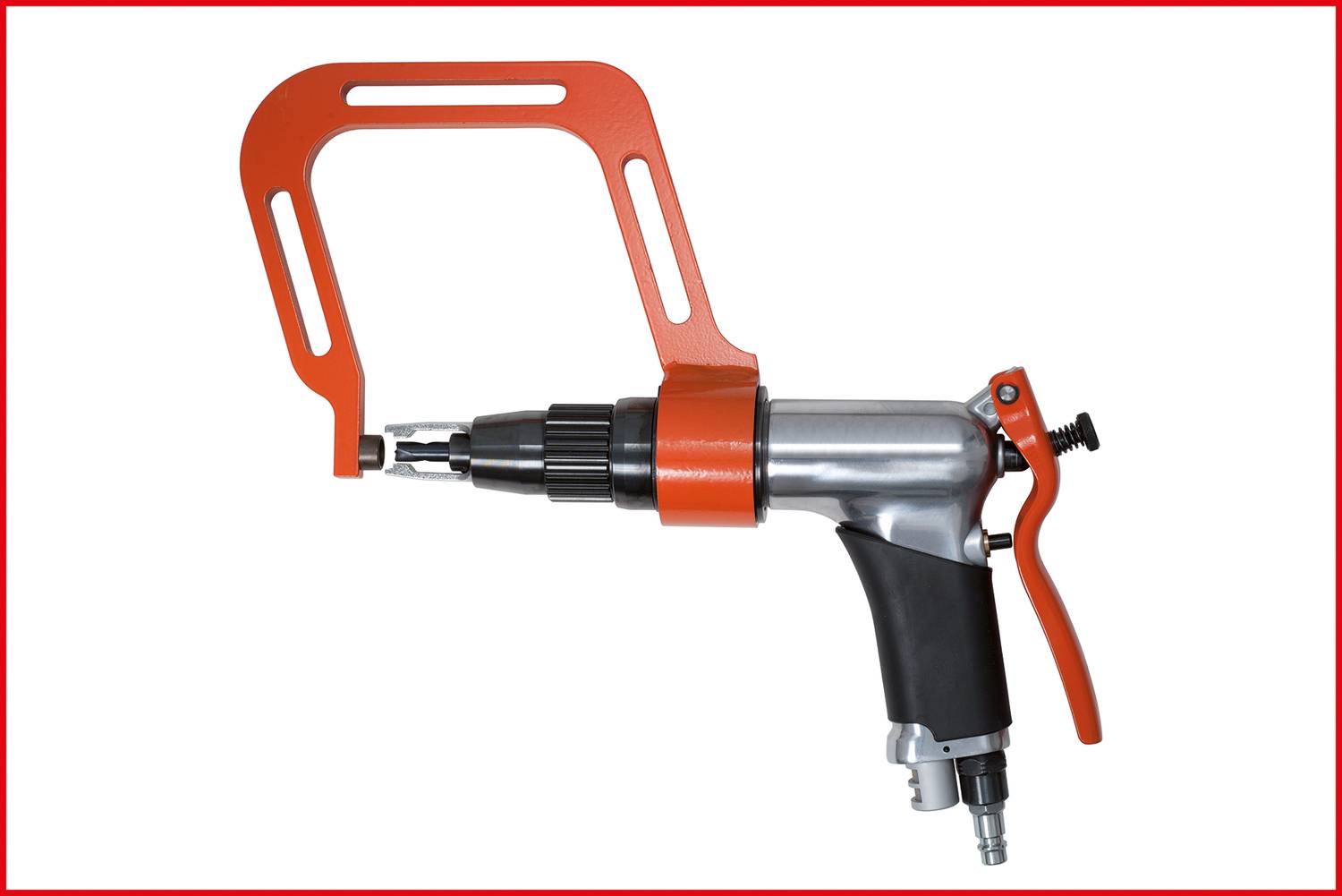 Pneumatischer Schraubendreher mit orangem Handgriff und schwarzem Griff, geeignet für industrielle Anwendungen.