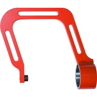 Rotes mechanisches Bauteil mit rechtwinkliger Form und runden Ausschnitten, wahrscheinlich Teil eines Geräts oder einer Maschine.
