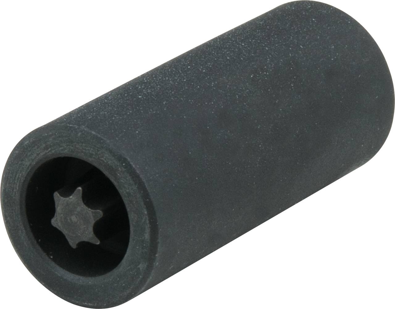 Schwarze, zylindrische Gummihülse mit geriffeltem Innenrand.