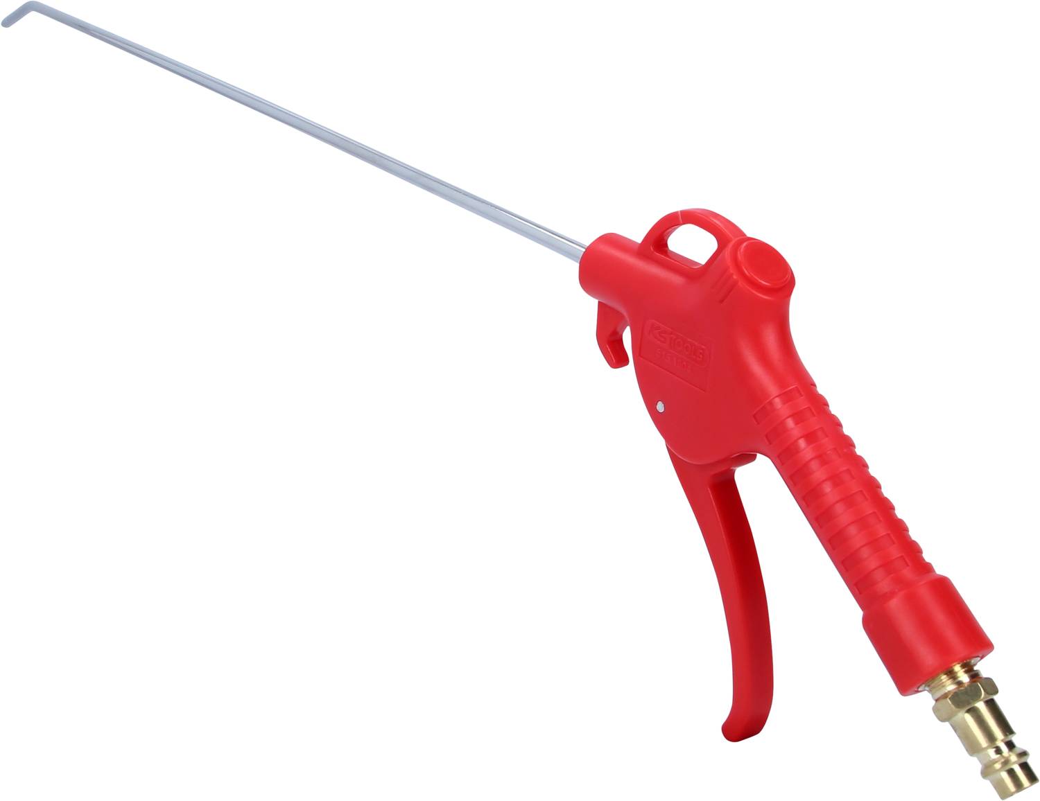 'Druckluftpistole mit langem, schmalem Metallschlauch und rotem Kunststoffgriff, verwendet zum Reinigen schwer zugänglicher Stellen.'