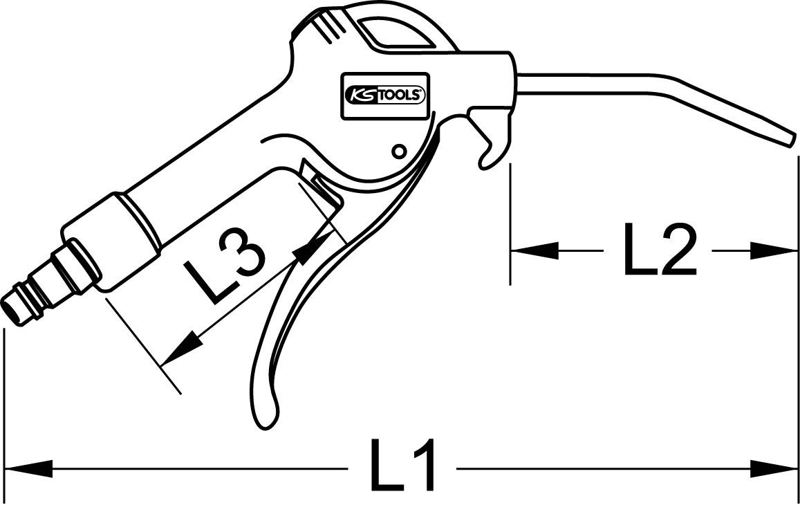 'Technische Zeichnung einer Druckluftpistole mit den Längen L1, L2 und L3 gekennzeichnet. KS Tools-Logo oben auf dem Griff.'