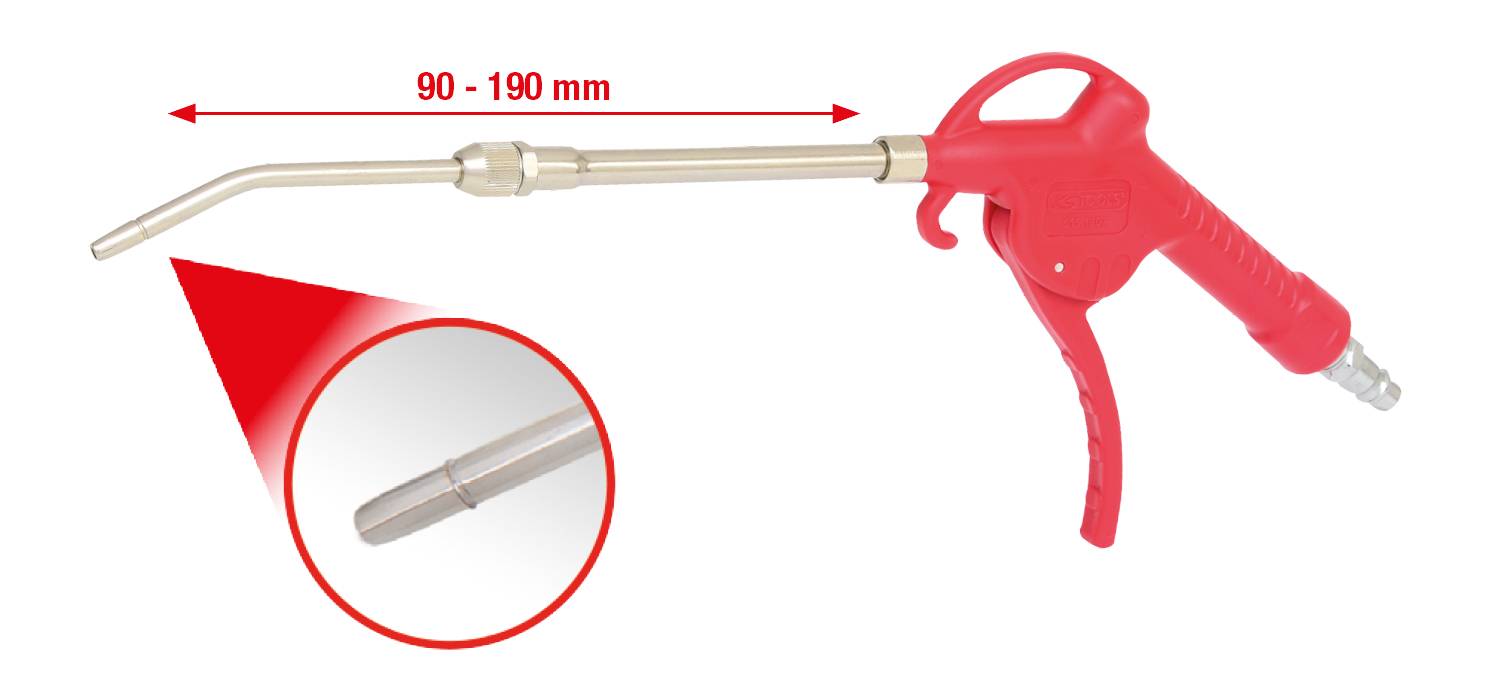 Rote Druckluftpistole mit verstellbarer Düse (90-190 mm). Vergrößerter Detailausschnitt der Düsenspitze.