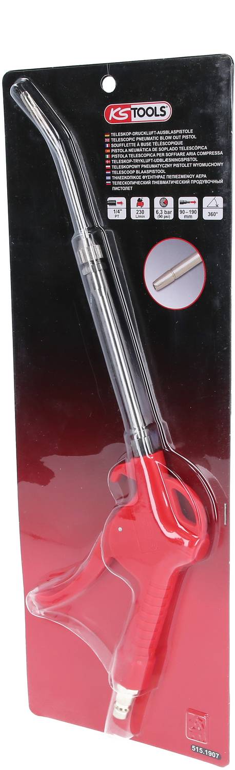 'Druckluft-Ausblaspistole in roter Verpackung, von KS Tools, ideal zum Reinigen und Trocknen mit Druckluft, abgewinkelte Düse.'