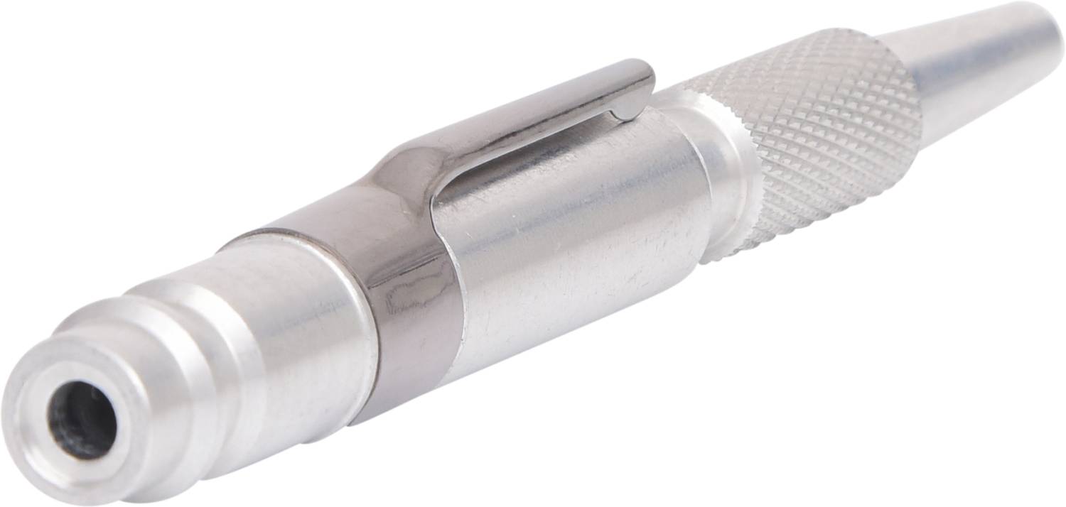 Metallischer Griff eines chirurgischen Instruments mit geriffelter Spitze und Clip. Hauptsächlich zur präzisen Handhabung verwendet.