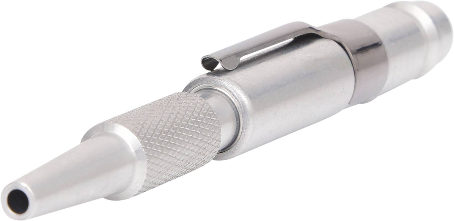 Metallisches Werkzeug mit rutschfestem Griff und Clip, vermutlich ein Stift oder ähnlliches Gerät. Hauptfarben: Silber, Metalloptik.