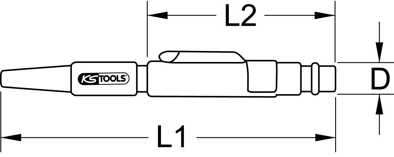 Technische Zeichnung eines Stiftes mit den Maße L1, L2 und Durchmesser D, Logo von KS Tools sichtbar, verdeutlicht Größenverhältnisse.
