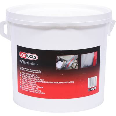 Ein weißer Eimer der Marke KS Tools enthält 5 kg Sodastrahlmittel, geeignet zur Oberflächenreinigung.