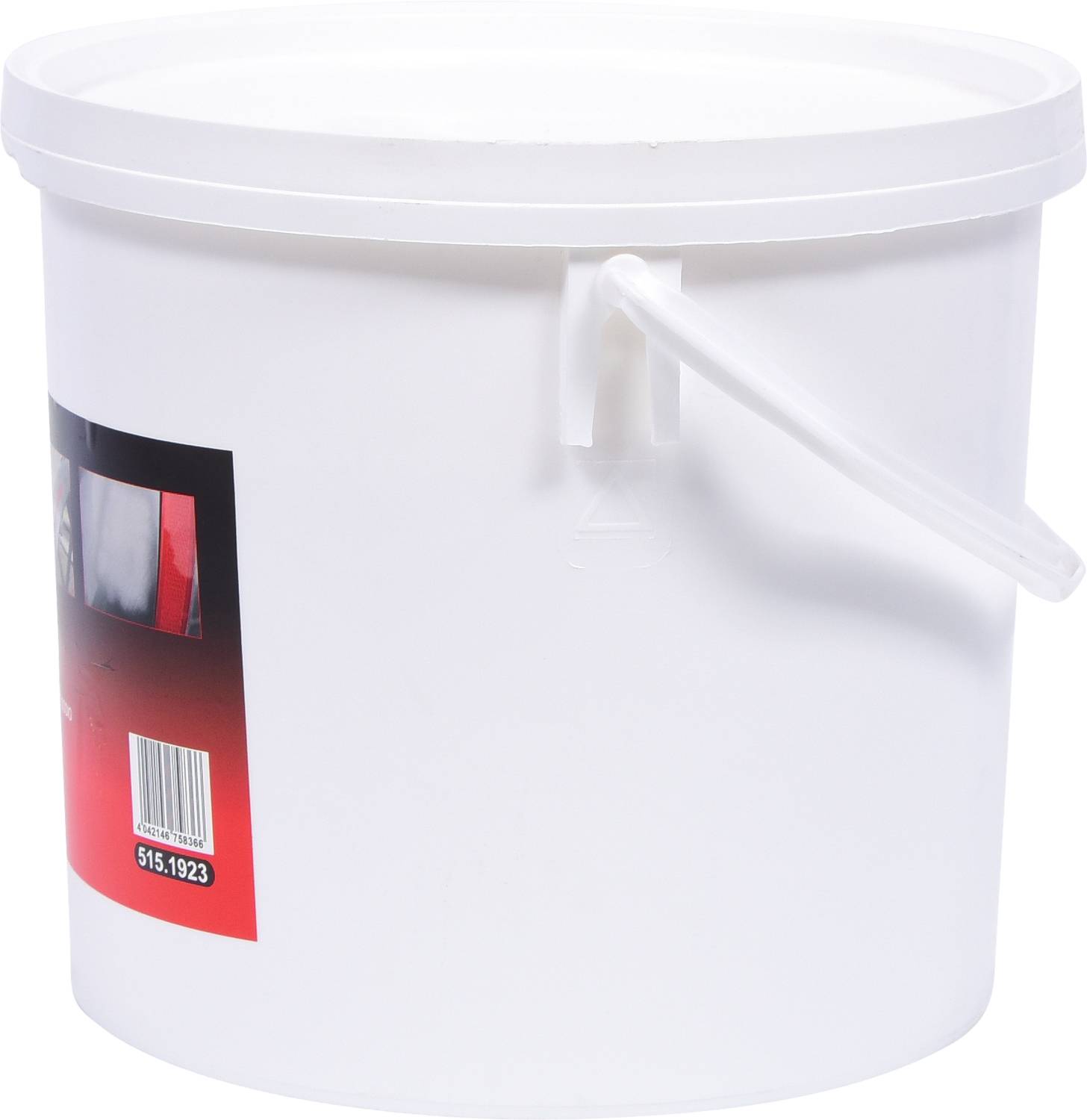 Weißer Eimer mit Henkel und Etikett.