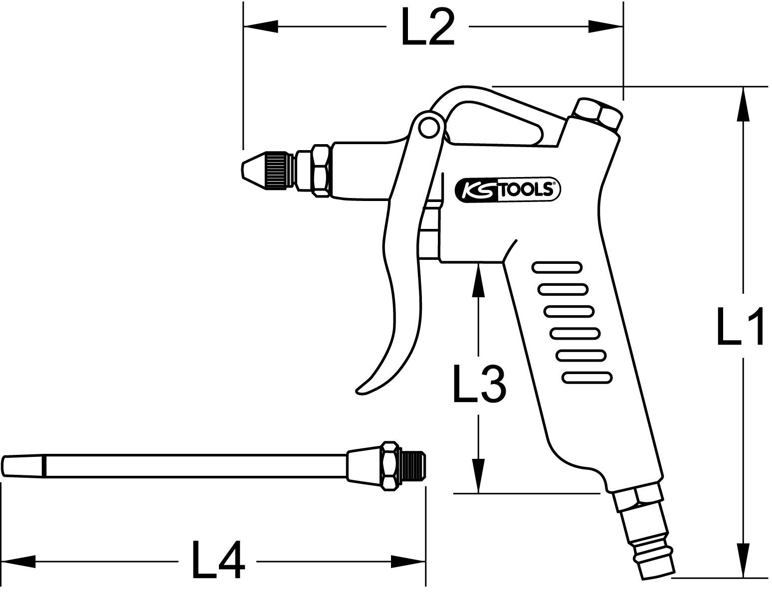 'Technische Zeichnung einer Druckluftpistole mit Maßen L1, L2, L3 und L4. KS Tools Logo auf Pistole sichtbar. Separate Düse abgebildet.'