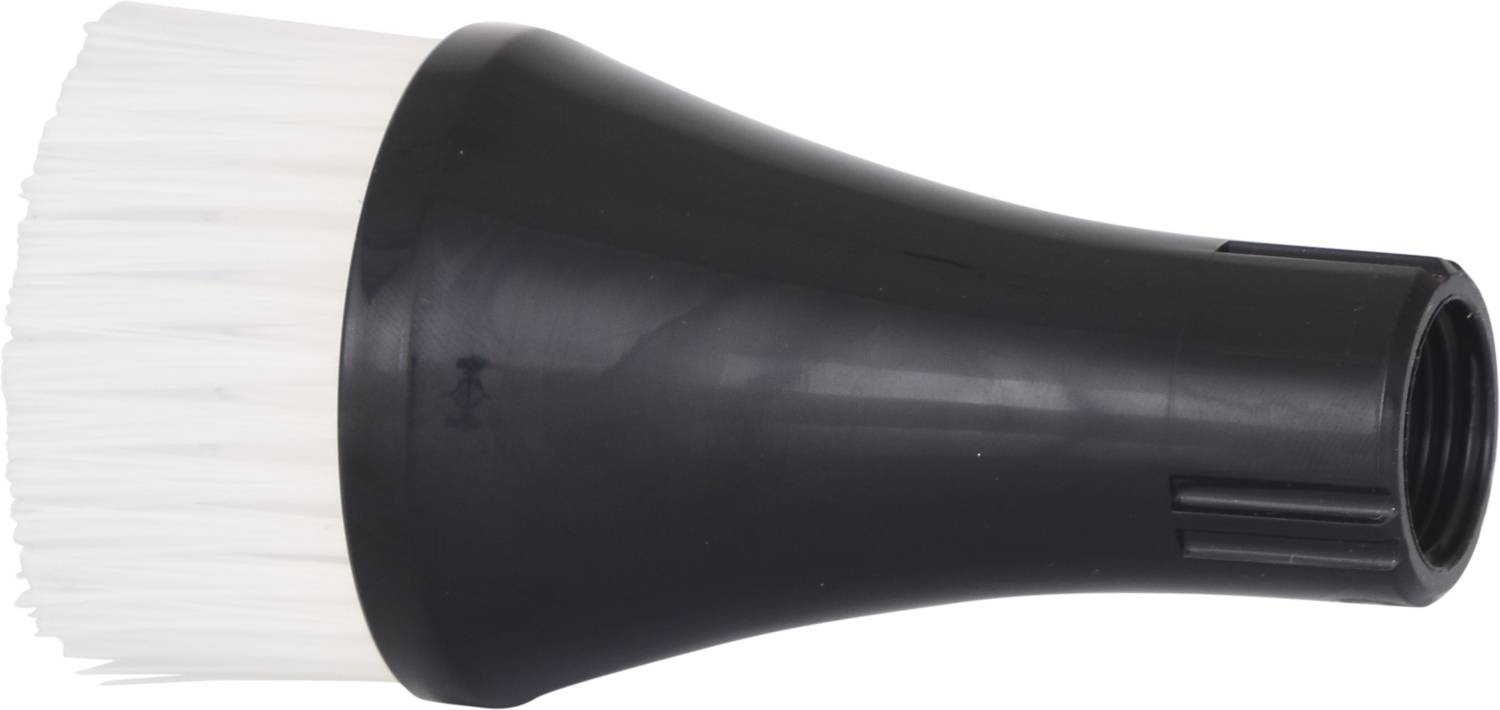Schwarze Staubsaugerdüse mit weißen Borsten, zur Reinigung von empfindlichen Oberflächen geeignet.