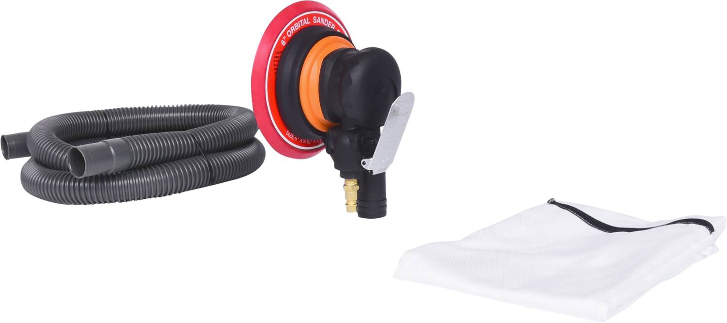 Schlauch mit Staubsack und Adapter: Set zur Staubabsaugung, bestehend aus flexiblem Schlauch, rotem Adapter und weißem Staubsack.