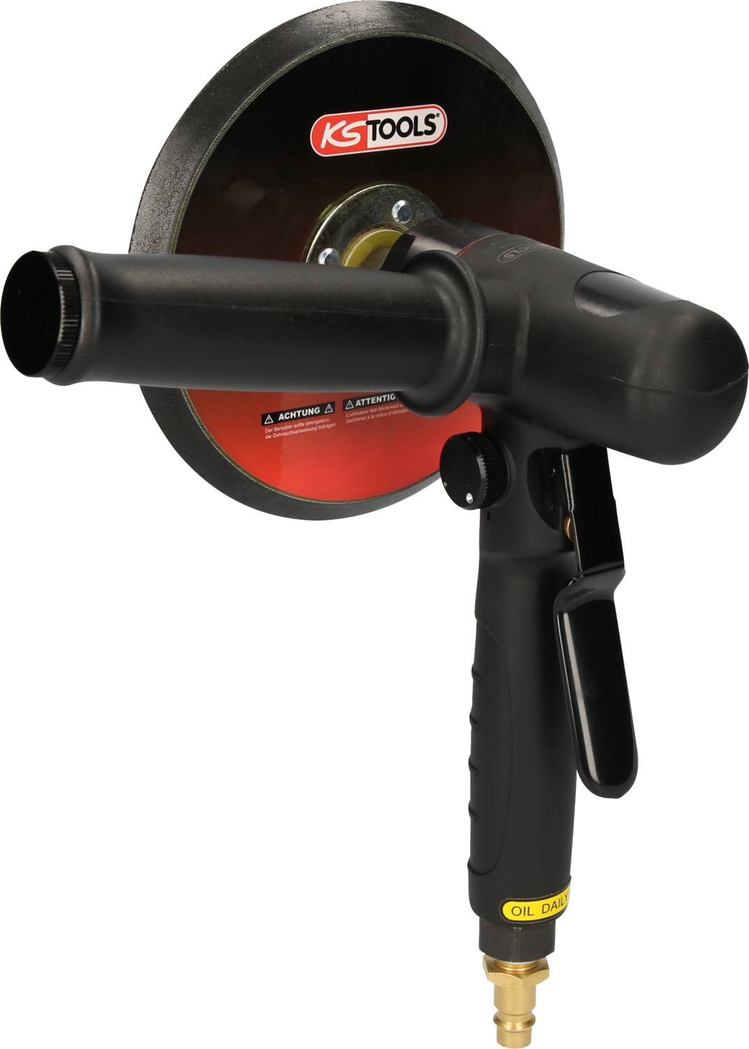 'KS Tools' Druckluft-Exzenterschleifer mit ergonomischem Griff, schwarzem Gehäuse und rot-schwarzer Schleifscheibe.