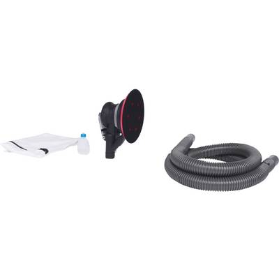 Schleifgerät-Set mit Schleifteller, Staubbeutel, Wasserkanister und flexiblem Schlauch. Geeignet für staubfreies Schleifen.