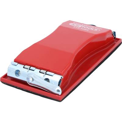 Ein roter Handschleifer mit metallischen Klammern; ein Werkzeug, das zum Glätten von Oberflächen verwendet wird.